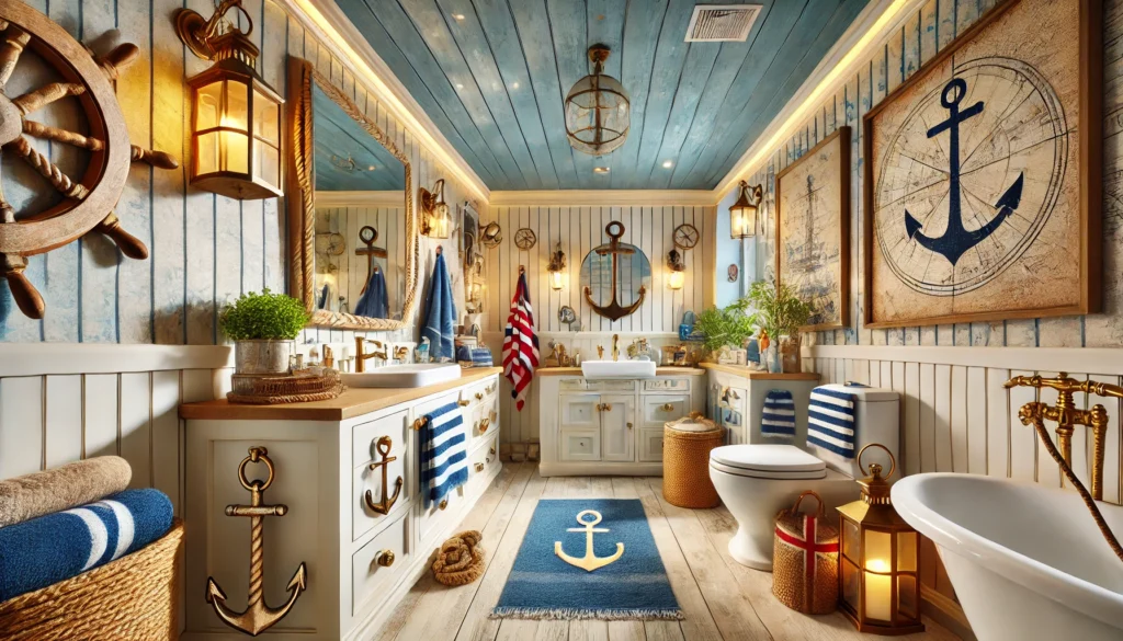 Nautical-themed bathroom with blue, white, and red tones, anchor hooks, rope accents, and marine décor like ship lanterns and nautical maps. The design evokes a fresh, maritime atmosphere with natural materials and soft lighting