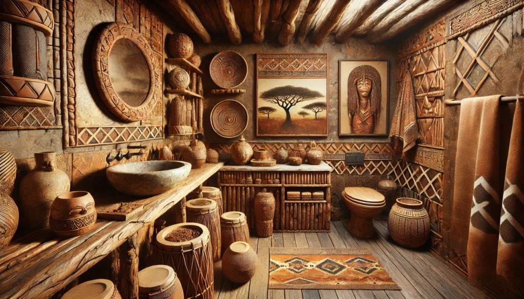 African-themed bathroom with earthy terracotta, browns, and tribal prints. Features wooden carvings, woven baskets, and natural stone elements, creating a warm, rustic atmosphere with cultural depth