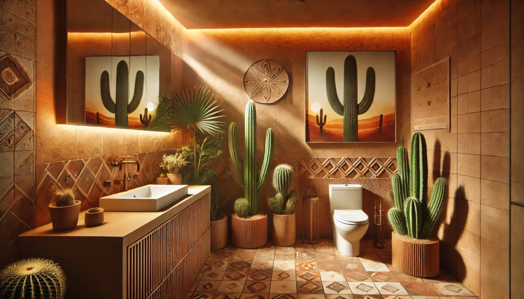 Cactus-themed bathroom with terracotta tiles, cactus plants, and warm lighting. The design captures the desert ambiance with earthy tones, natural materials, and geometric patterns