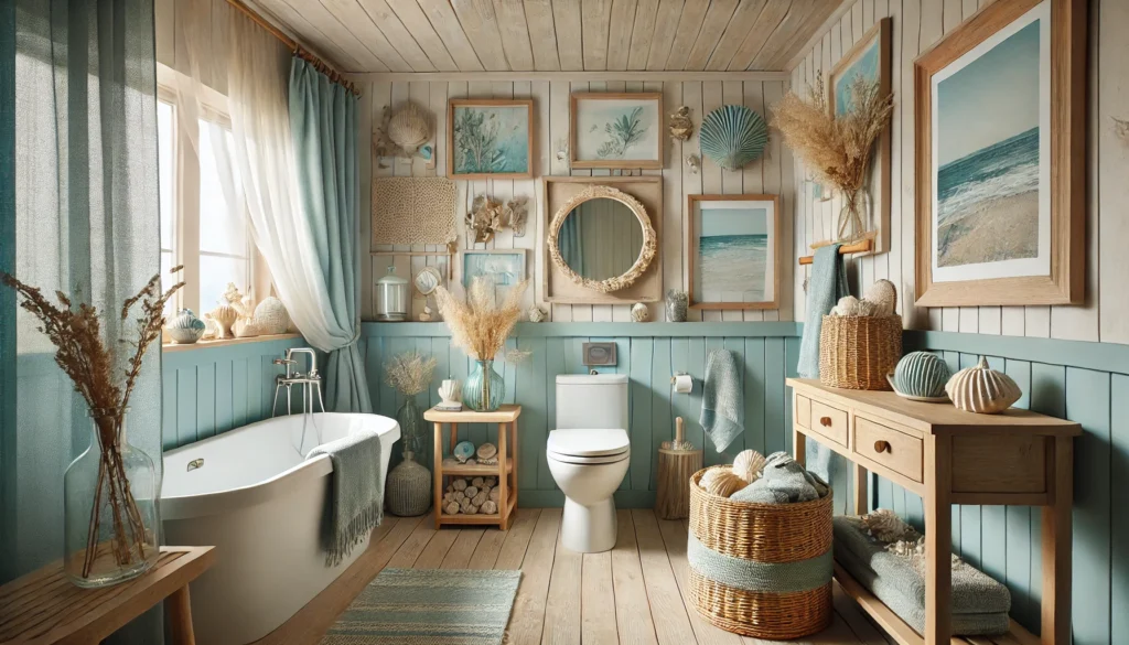 Coastal-themed bathroom with soft blues, seafoam greens, wicker, and rattan materials. Features coastal accents like seashells, driftwood, and nautical art, creating a serene, beach-inspired atmosphere