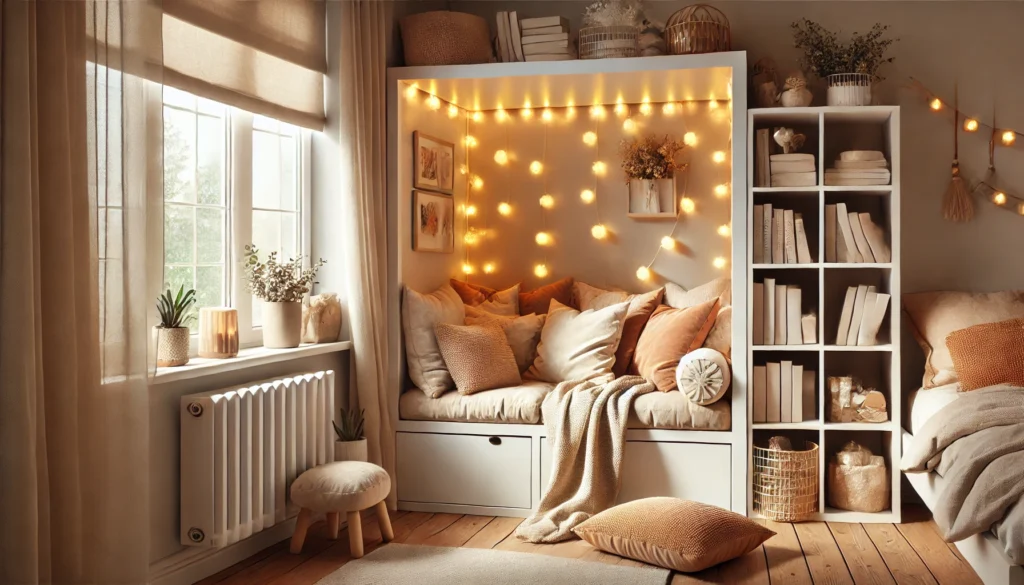 A cozy and inviting reading nook with comfy cushions, fairy lights, and a stylish bookcase for teens