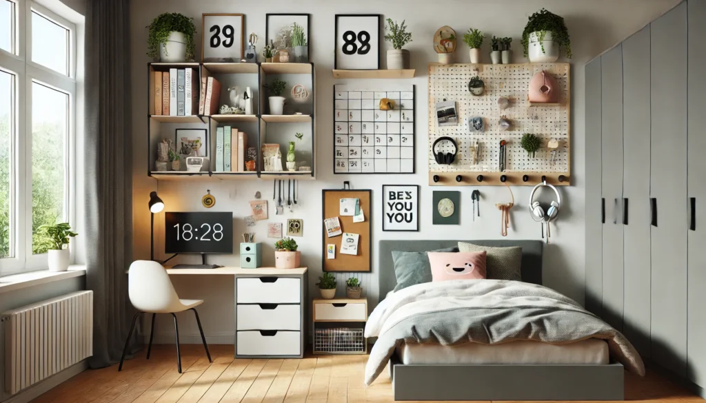 Functional wall storage solutions like floating shelves, pegboards, and magnetic boards for teen rooms