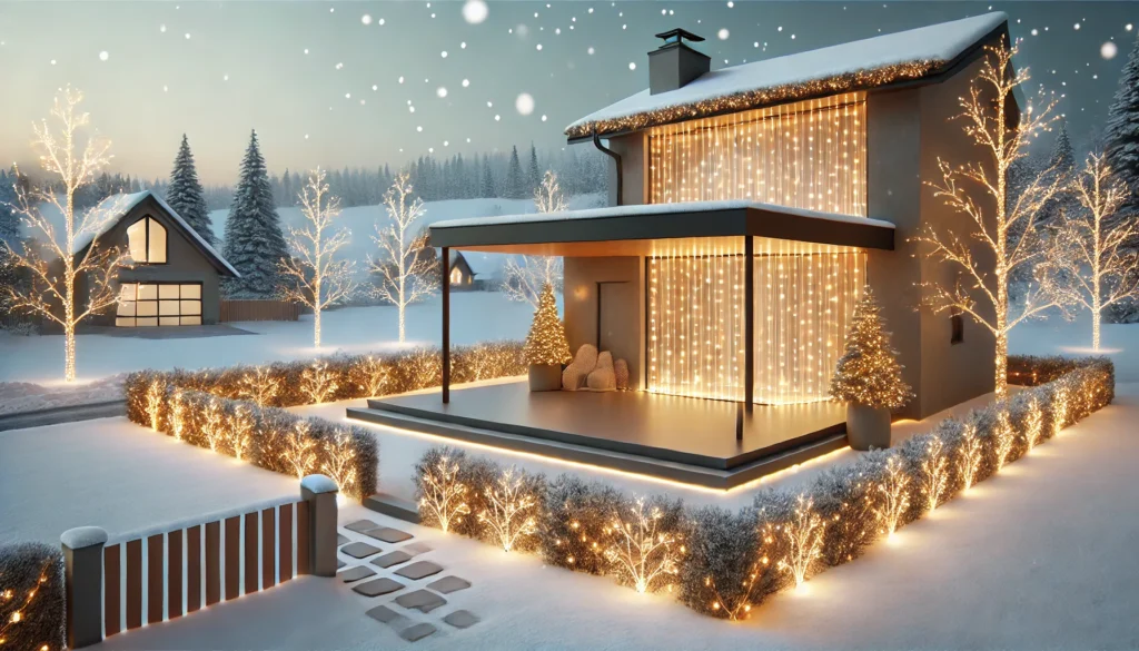 Delicate fairy lights in warm golden tones draped over a rooftop, bushes, and fences, creating a serene winter wonderland look