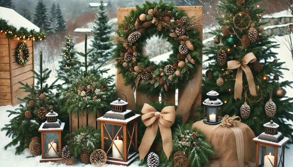 Evergreen wreaths with pinecones, garlands, and rustic lanterns, complemented by burlap bows, creating a nostalgic and eco-friendly holiday ambiance