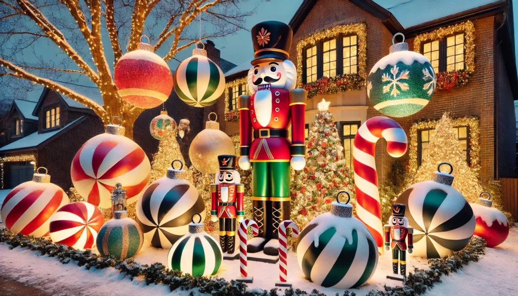 Giant baubles, candy canes, and nutcracker figures in a snowy front yard, creating a whimsical and bold holiday atmosphere