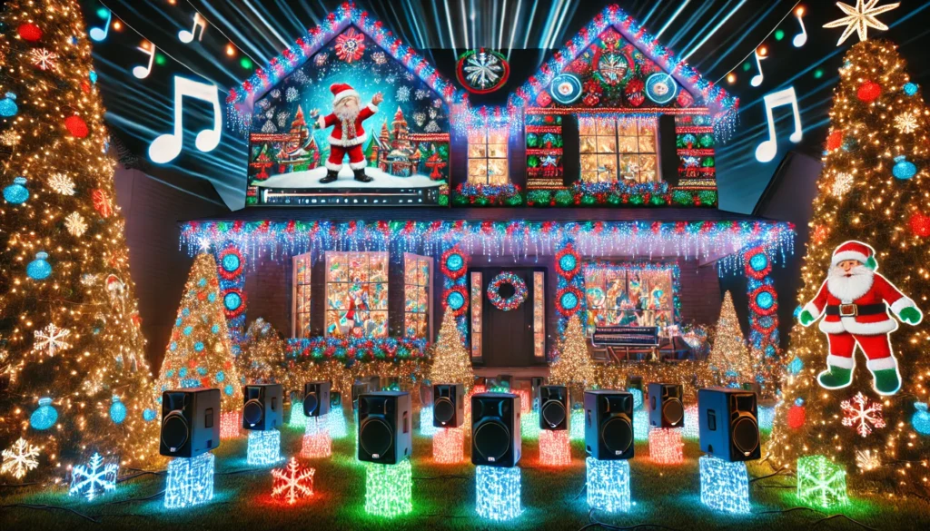 A house with synchronized colorful LED lights, music, and festive projections, creating a dynamic and interactive holiday display