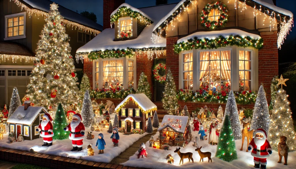 A front yard transformed into a snowy Christmas village with miniature houses, trees, and twinkling lights, creating a festive holiday scene