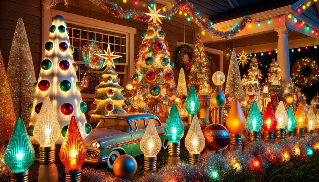 A nostalgic outdoor Christmas display with luminous ceramic trees, vibrant C7 bulbs, and modern LED lights, blending vintage charm with contemporary style