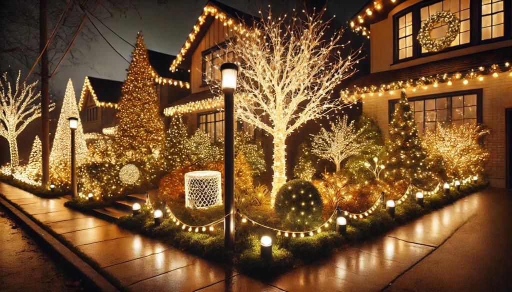 LED string lights wrapped around trees, net lights on bushes, and warm white lights illuminating a festive pathway, showcasing weatherproof holiday lighting