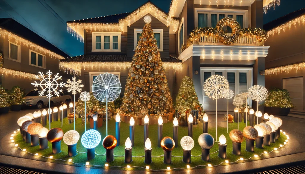 A balanced outdoor Christmas setup with well-spaced lights, a properly scaled tree, durable weatherproof ornaments, and secured decorations for safety