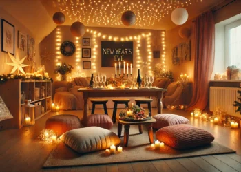 A cozy New Year's Eve party setup in a small space, featuring fairy lights, candles, appetizers, and adaptable seating for a stylish celebration