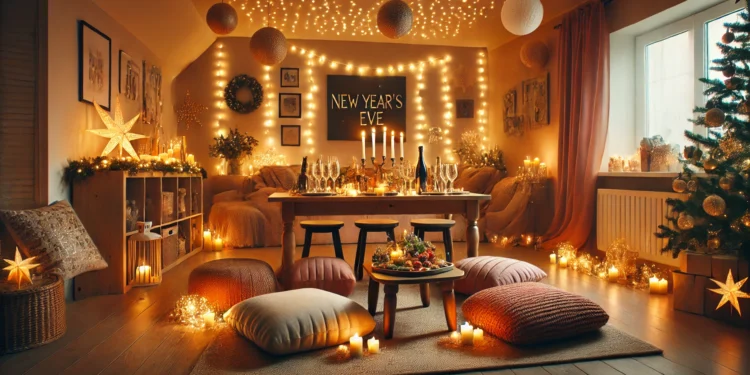 A cozy New Year's Eve party setup in a small space, featuring fairy lights, candles, appetizers, and adaptable seating for a stylish celebration