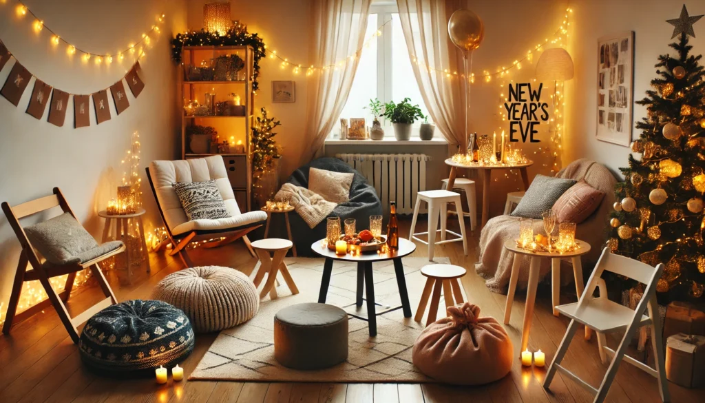 Foldable chairs, ottomans, bean bags, and floor cushions arranged in a small space for a cozy and conversational New Year’s Eve party