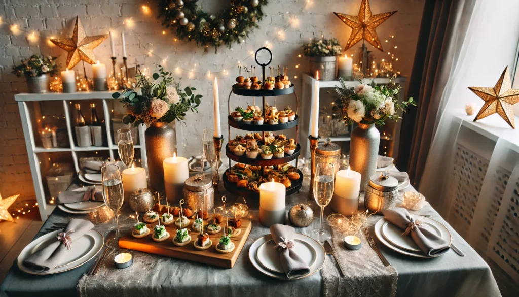 A festive New Year’s Eve table setup with candles, fairy lights, small vases of flowers, and bite-sized appetizers elegantly arranged on tiered trays