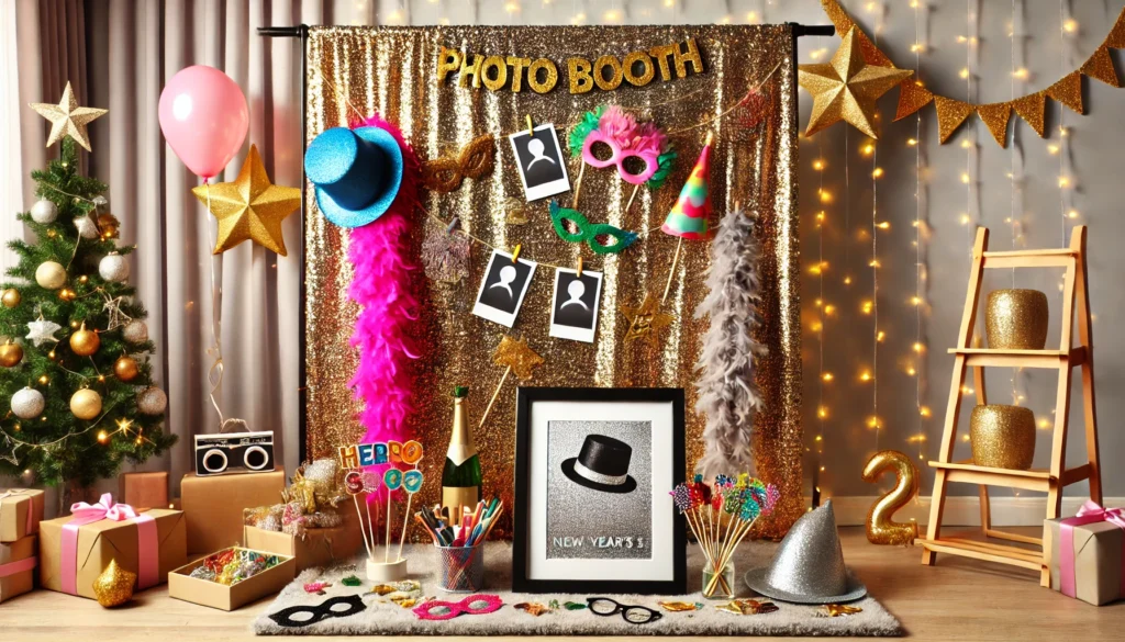 A festive DIY New Year’s Eve photo booth with a glitter curtain backdrop, fun props like hats, boas, and glasses for memorable photos