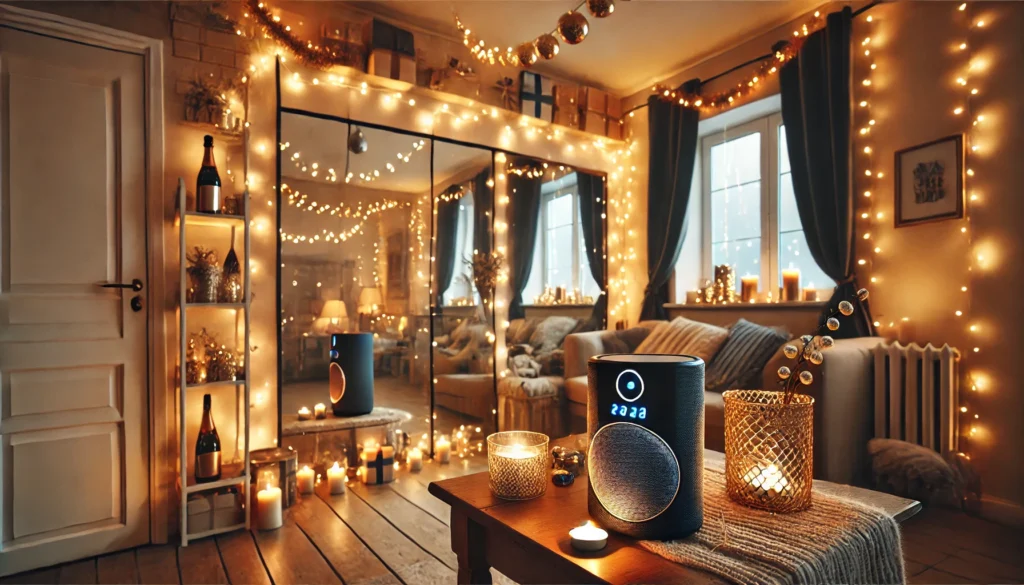 A cozy New Year’s Eve small-space setup with portable Bluetooth speakers and string fairy lights draped on doors and mirrors for a festive ambiance