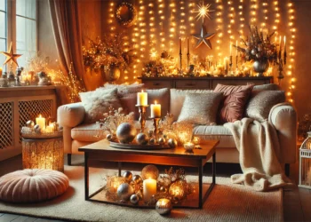 A cozy living room with warm fairy lights, a glowing centerpiece, soft seating, and festive decor, perfect for a New Year’s Eve celebration