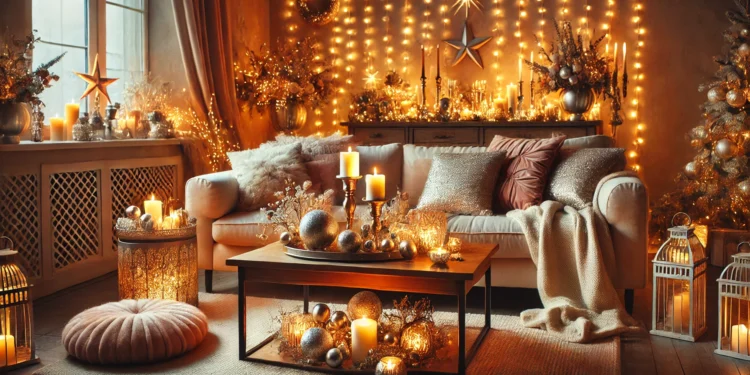 A cozy living room with warm fairy lights, a glowing centerpiece, soft seating, and festive decor, perfect for a New Year’s Eve celebration