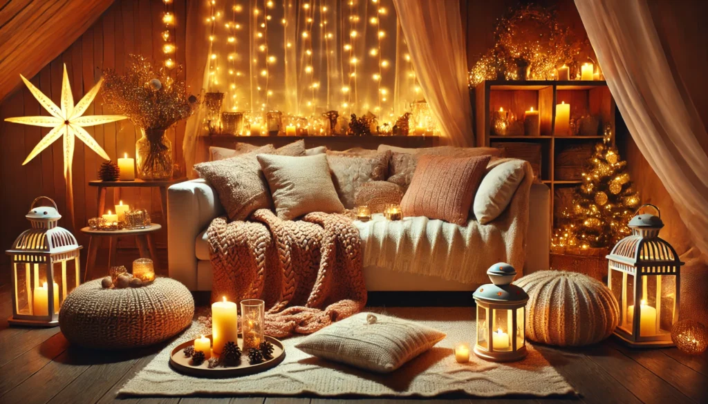 A warm living room setup with blankets, cushions, fairy lights, and scented candles, creating a cozy and relaxing ambiance for New Year’s Eve