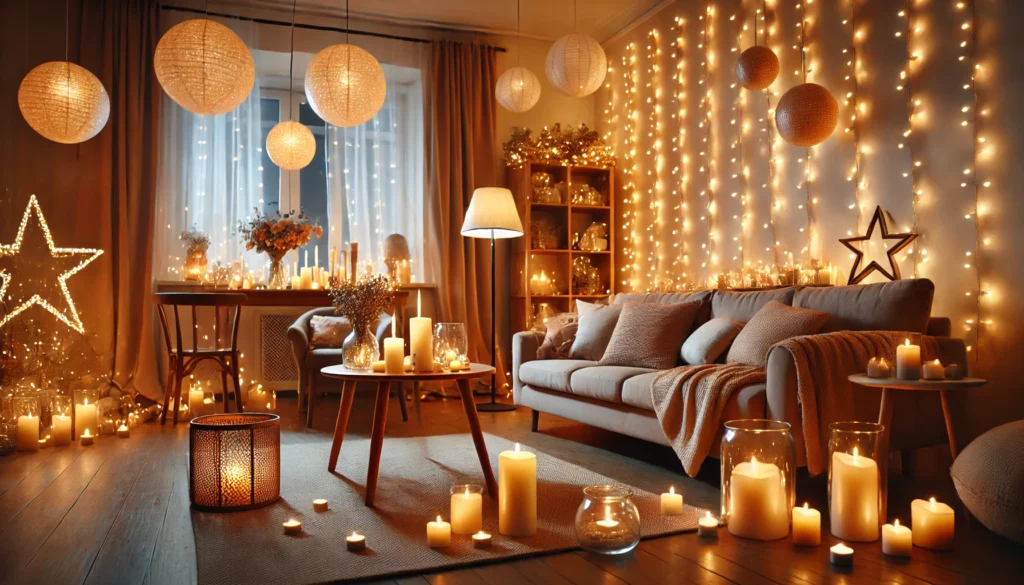 A living room decorated with warm fairy lights, LED candles, and dimmable table lamps creating a cozy, intimate ambiance for New Year’s Eve