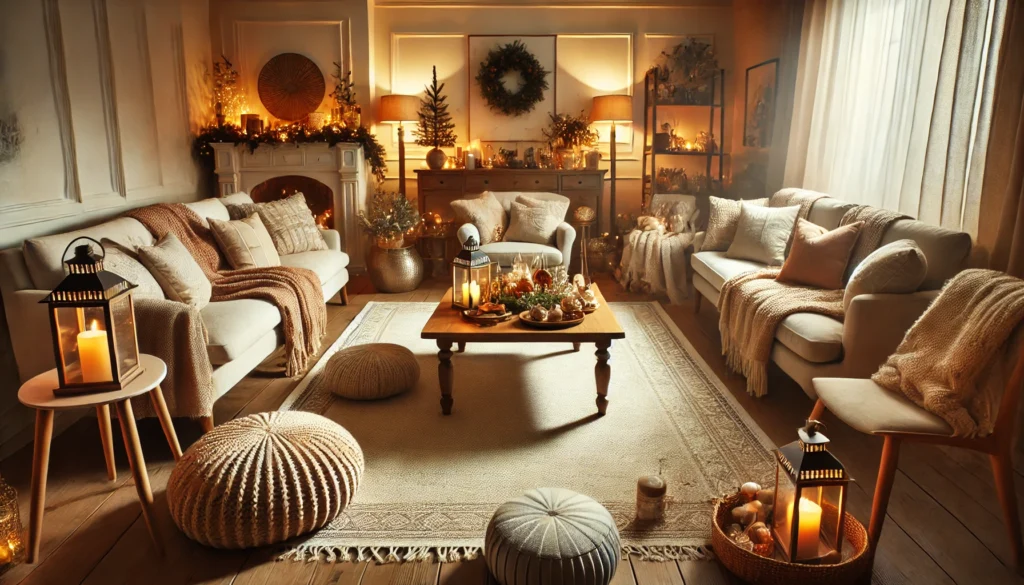 A living room with furniture arranged around a central coffee table, featuring soft throws, cushions, and warm lighting for a cozy New Year’s Eve celebration