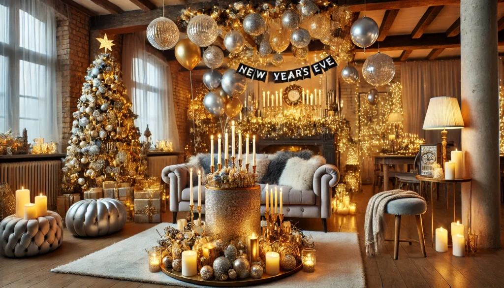 A living room decorated with metallic garlands, a glittering centerpiece, and New Year’s Eve party-themed decor like balloons and banners, creating a stylish and joyful celebration space