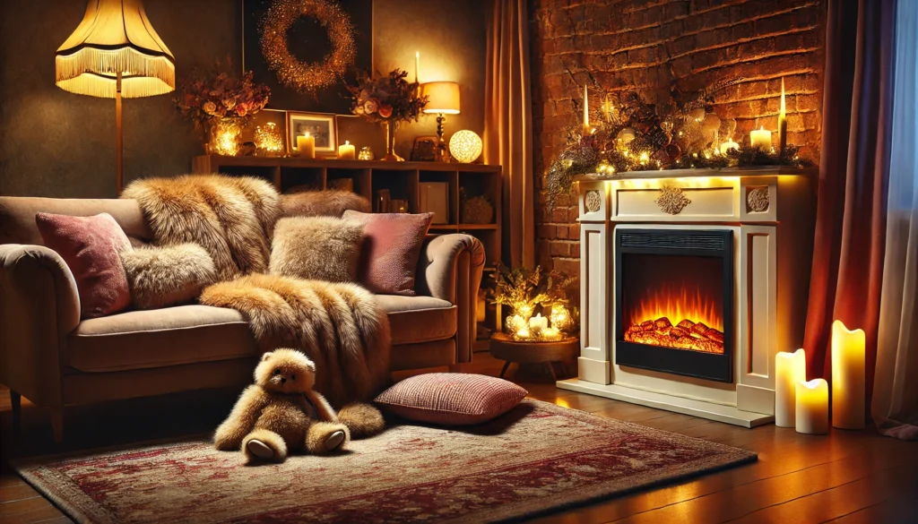 A cozy living room with faux fur throws, velvet cushions, a glowing electric fireplace, and a rich-colored area rug, creating a warm and inviting New Year’s Eve atmosphere