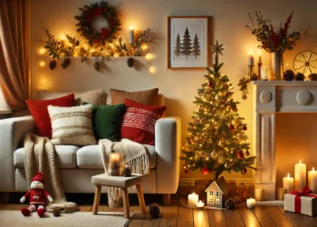 A small and cozy living room decorated for Christmas with a slim-profile tree, fairy lights, garlands, and festive cushions. Warm and inviting holiday atmosphere with space-saving decor ideas