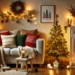 A small and cozy living room decorated for Christmas with a slim-profile tree, fairy lights, garlands, and festive cushions. Warm and inviting holiday atmosphere with space-saving decor ideas