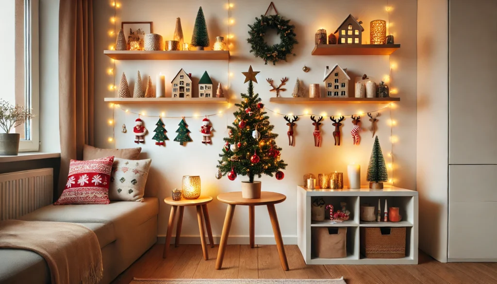 A compact living room decorated with a tabletop tree, minimalist garlands, and Christmas-themed accents like ceramic reindeer and candles. Warm holiday ambiance with space-saving decor