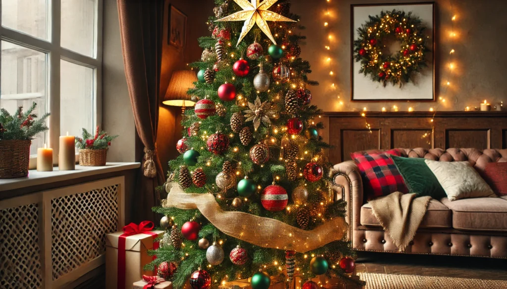 A stylish Christmas tree decorated with red and green baubles, metallic gold accents, fairy lights, a burlap ribbon, and a glowing star topper. Cozy and festive living room setting