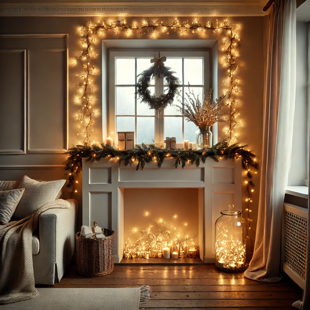 Fairy lights woven through garlands and placed in jars in a small living room, creating a festive yet compact holiday design