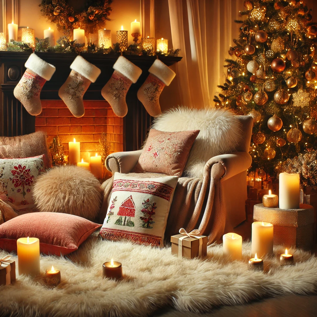 Living room decorated for Christmas with oversized cushions, a faux fur rug, festive candles, and a soft-lit Christmas tree