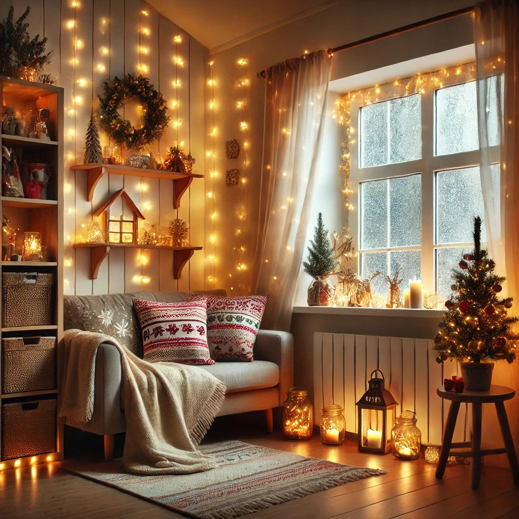 Small living room decorated for Christmas with warm fairy lights, a compact tree, and festive accents creating a cozy holiday atmosphere