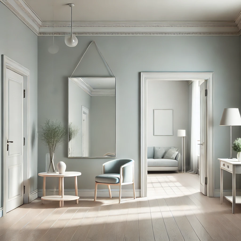 A light-filled entryway with pastel gray walls, a large mirror, and minimalist furniture. The decor creates an open and inviting atmosphere