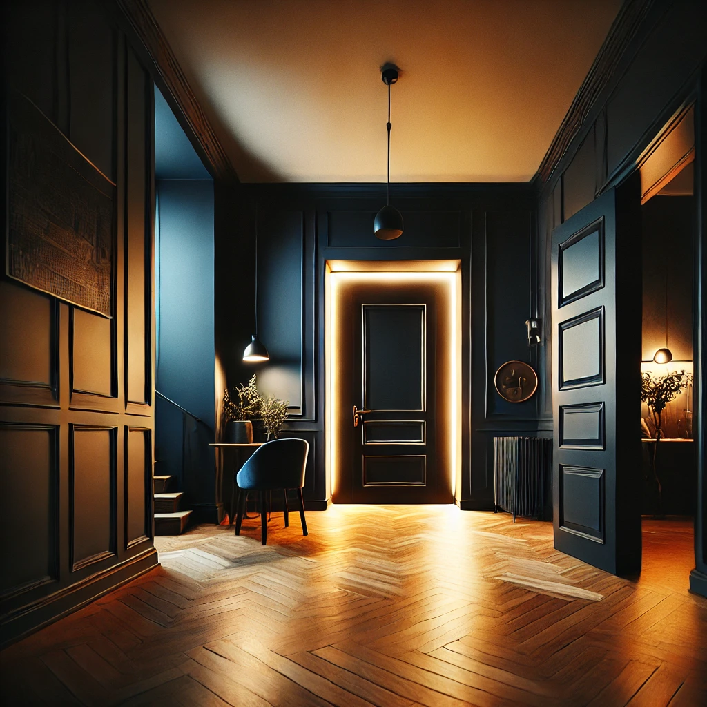 An elegant entryway featuring dark navy walls, a black door, and warm wooden flooring. The combination creates a dramatic and sophisticated look