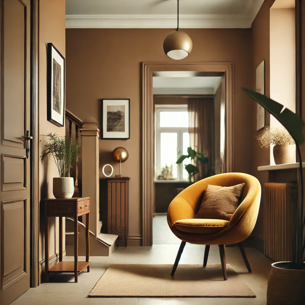 A cozy entryway with soft brown walls, beige flooring, and a mustard yellow accent chair. The earthy tones add warmth to the modern design