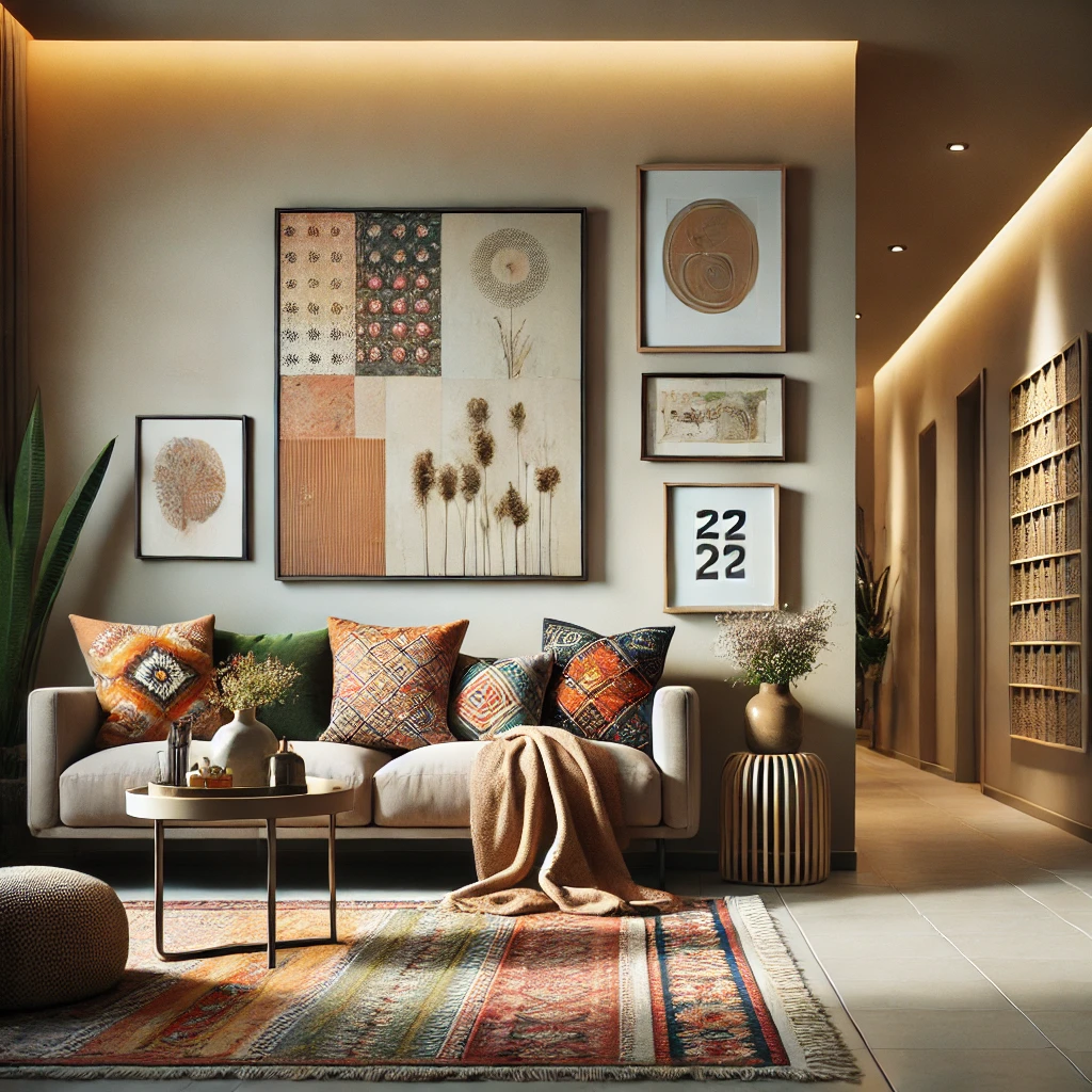 A modern entryway featuring neutral wall colors with vibrant accents, including a colorful rug, framed artwork, and decorative throw pillows. The design adds character and warmth