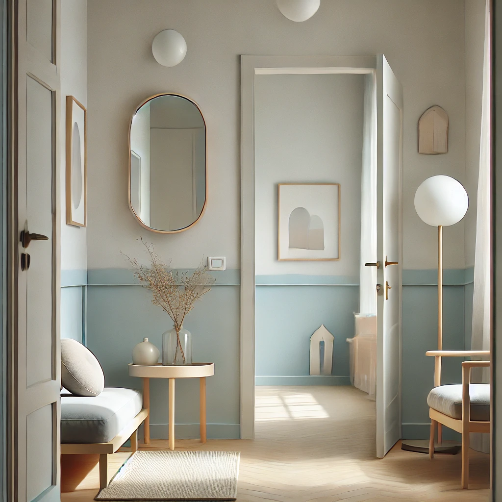 A small modern entryway with pale gray walls, a soft blue accent, and minimal furniture. The decor includes a small mirror and subtle beige tones for a breezy and inviting look