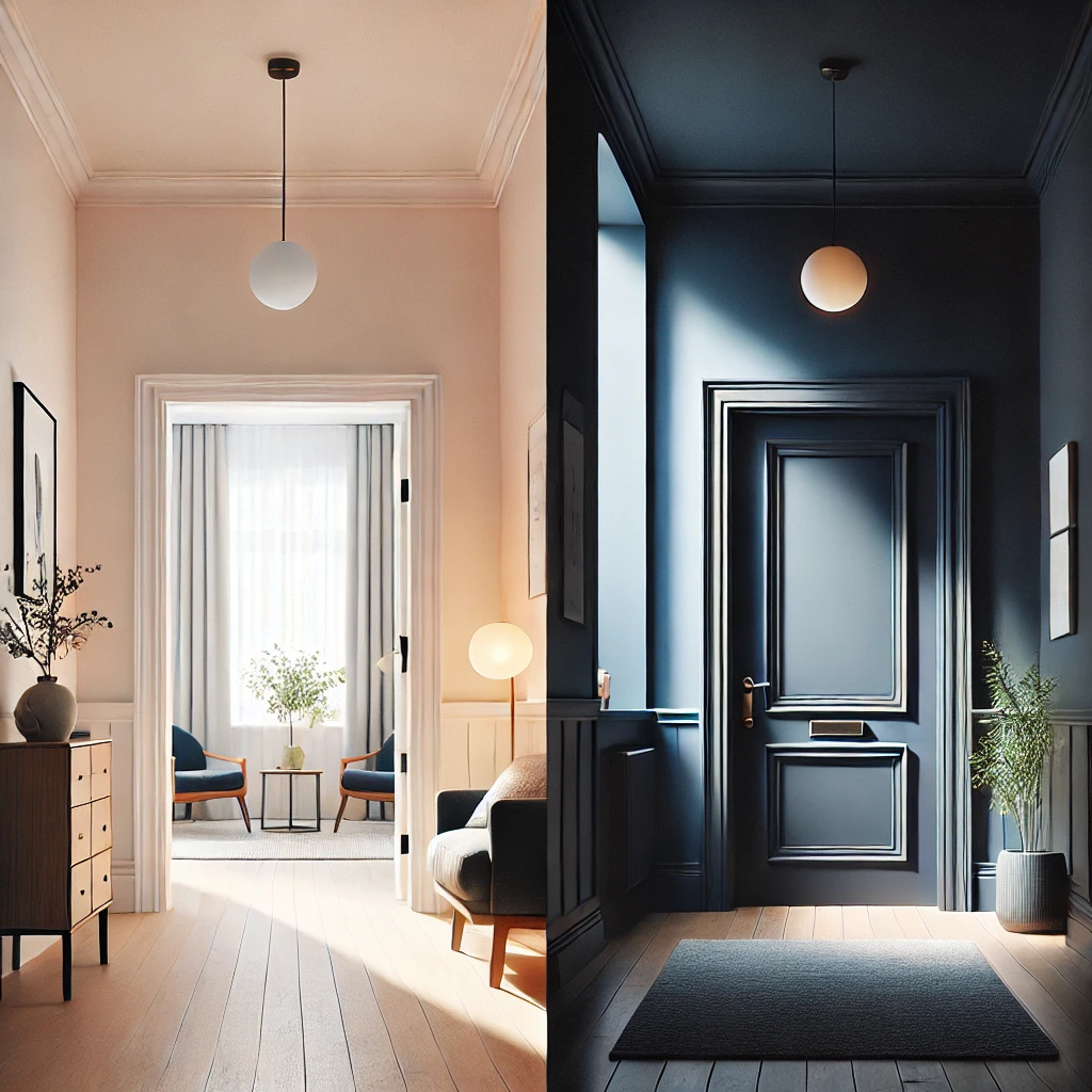 Two entryways side by side: one bright with pastel walls and soft lighting, the other dark with navy walls, a charcoal door, and dramatic lighting. The image showcases contrasting ambiance options