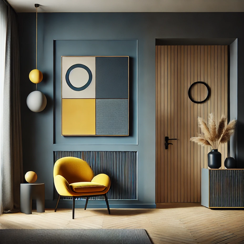 A modern entryway featuring navy blue walls, a mustard yellow accent chair, and a neutral gray base. The design is balanced and dynamic with sleek furniture