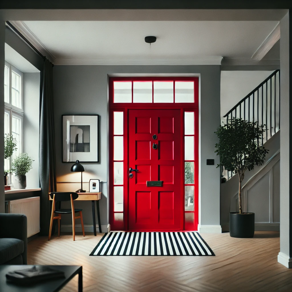 A modern entryway featuring a bold red door surrounded by neutral gray walls and sleek black-and-white decor. The red door creates a striking focal point