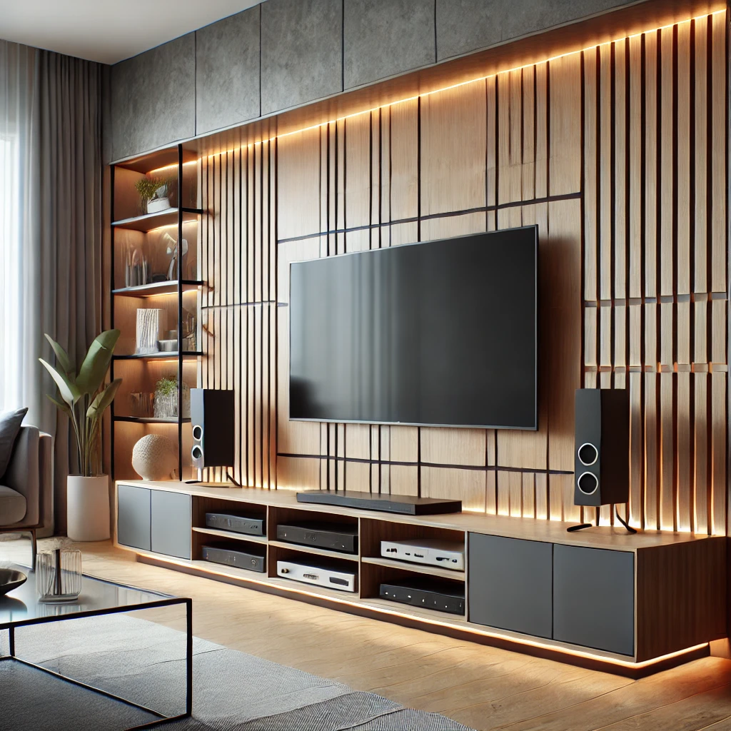 A modern living room featuring a TV stand with built-in cable management, keeping wires neat and hidden for a clutter-free look