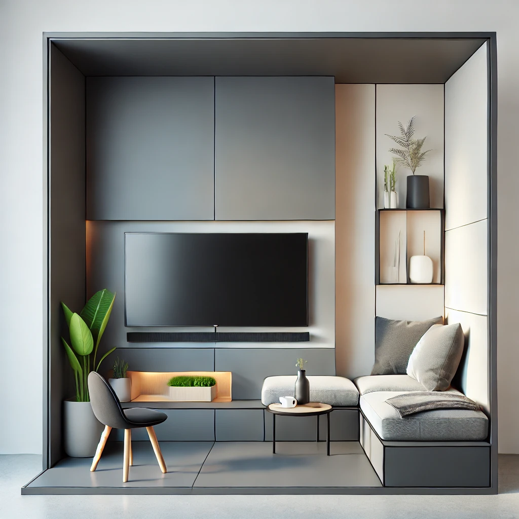 A small living room with a sleek wall-mounted TV, creating more floor space and a modern aesthetic