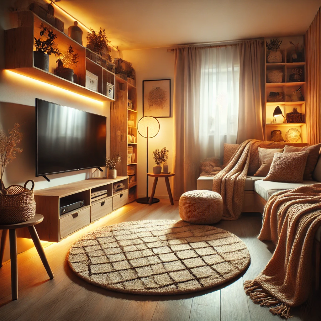 A small living room with warm lighting, a soft rug, and cozy throw blankets surrounding a stylish TV setup