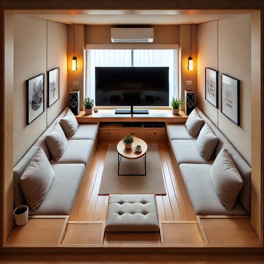 A small living room with a TV placed at eye level, aligned with the seating area for comfortable viewing