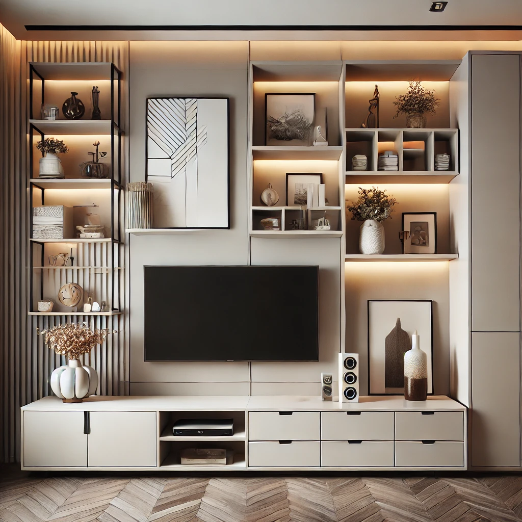 A stylish small living room with a floating TV cabinet and wall-mounted shelves, combining storage with elegant design