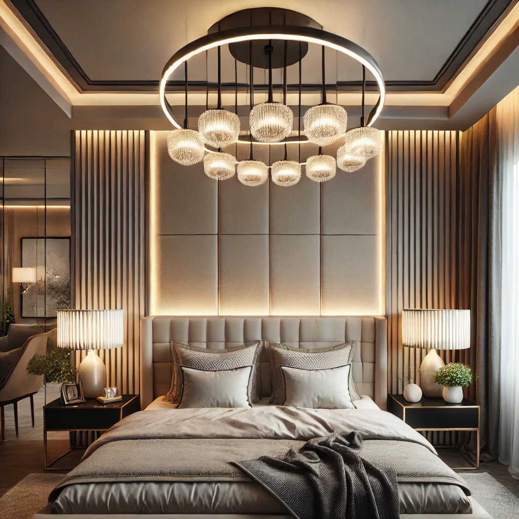 A modern bedroom with a bold chandelier, elegant table lamps, and LED strip lighting under a headboard, blending aesthetics and functionality in a cozy and luxurious ambiance