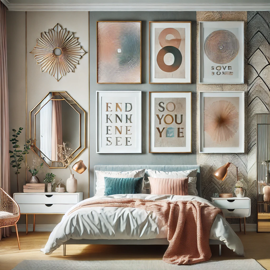 A modern bedroom featuring a gallery wall with abstract art, inspirational sayings, and ornate mirrors, complemented by textured wallpaper and pastel-toned décor for a stylish and personalized touch