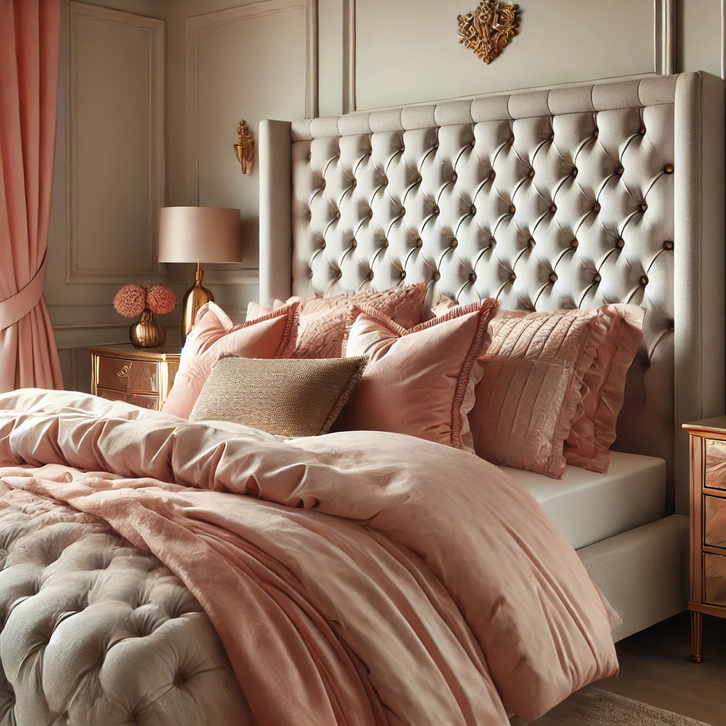 An elegant bedroom showcasing an upholstered bed with a tufted headboard in blush tones, paired with luxury bedding and metallic gold accents for a feminine and sophisticated look